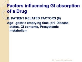 Factors influencing GI absorption
of a Drug
B. PATIENT RELATED FACTORS (8)
Age ,gastric emptying time, pH, Disease
states,...