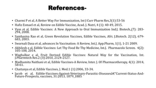References-
• Charmi P et al, A Better Way For Immunization, Int J Curr Pharm Res,3(1):53-56
• Hafiz Esmael et al, Review on Edible Vaccine, Acad. J. Nutri, 4 (1): 40-49, 2015.
• Vyas et al, Edible Vaccines: A New Approach to Oral Immunization Ind.J. Biotech.,(7): 283-
294, 2008.
• Sambasiva Rao et al, Green Revolution Vaccines, Edible Vaccines, Afri. J.Biotech. 2(12), 679-
683, 2003.
• Swarnali Dasa et al, advances In Vaccination: A Review, Int.J. App.Pharm, 1(1), 1-21 2009.
• Akhilesh e al, Edible Vaccines: Let Thy Food Be Thy Medicine, Int.J. Pharmacolo Screen. 4(2):
105-108, 2014.
• Waghulkar e al, Fruit Derived Edible Vaccines: Natural Way for the Vaccination, Int.
J.Pharmtech Res.2 (3):2010, 2124-2127.
• Madhumita Naithani et al, Edible Vaccines-A Review, Inter. J. Of Pharmacotherapy, 4(1): 2014,
58-61.
• Chaitanya et al, Edible Vaccines, J. Med.1 (1):2006, 33-34.
• Jacob et al, Edible-Vaccines-Against-Veterinary-Parasitic-Diseasesâ€”Current-Status-And-
Future-Prospects, vaccines, 31:2013, 1879_1885
 