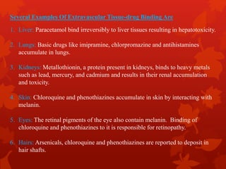 Several Examples Of Extravascular Tissue-drug Binding Are
1. Liver: Paracetamol bind irreversibly to liver tissues resulting in hepatotoxicity.
2. Lungs: Basic drugs like imipramine, chlorpromazine and antihistamines
accumulate in lungs.
3. Kidneys: Metallothionin, a protein present in kidneys, binds to heavy metals
such as lead, mercury, and cadmium and results in their renal accumulation
and toxicity.
4. Skin: Chloroquine and phenothiazines accumulate in skin by interacting with
melanin.
5. Eyes: The retinal pigments of the eye also contain melanin. Binding of
chloroquine and phenothiazines to it is responsible for retinopathy.
6. Hairs: Arsenicals, chloroquine and phenothiazines are reported to deposit in
hair shafts.
 