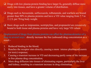  Drugs with low plasma protein binding have larger fu, generally diffuse more
easily into tissues, and have a greater volume of distribution.
 Drugs such as furosemide, sulfisoxazole, tolbutamide, and warfarin are bound
greater than 90% to plasma proteins and have a VD value ranging from 7.7 to
11.2 L per 70-kg body weight.
 Basic drugs such as imipramine, nortriptyline, and propranolol are extensively
bound to both tissue and plasma proteins and have very large VD values.
Displacement of drugs from plasma proteins can affect the pharmacokinetics of a
drug in several ways : directly increase the free (unbound) drug concentration as a
result -
1. Reduced binding in the blood;
2. Reaches the receptor sites directly, causing a more intense pharmacodynamic
(or toxic) response;
3. Causing a transient increase in VD and decreasing partly some of the increase
in free plasma drug concentration;
4. More drug diffusion into tissues of eliminating organs, particularly the liver
and kidney, resulting in a transient increase in drug elimination.
 