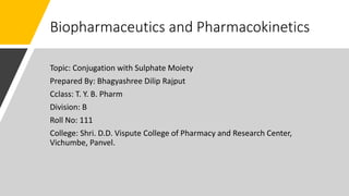 Biopharmaceutics and Pharmacokinetics
Topic: Conjugation with Sulphate Moiety
Prepared By: Bhagyashree Dilip Rajput
Cclass: T. Y. B. Pharm
Division: B
Roll No: 111
College: Shri. D.D. Vispute College of Pharmacy and Research Center,
Vichumbe, Panvel.
 