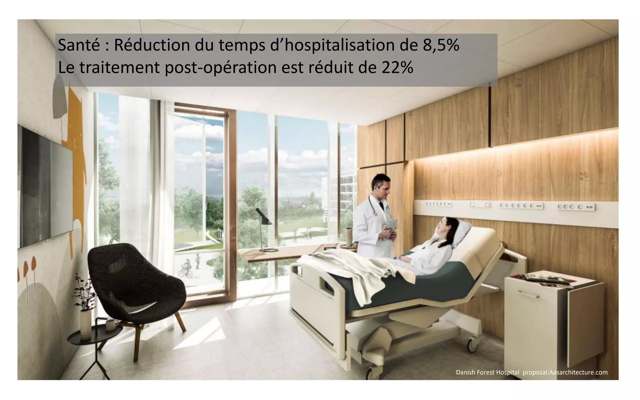 Santé : Réduction du temps d’hospitalisation de 8,5%
Le traitement post-opération est réduit de 22%
Danish Forest Hospital proposal:Aasarchitecture.com
 