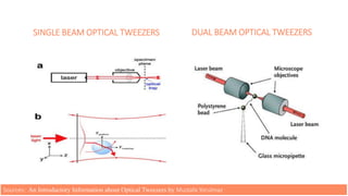 SINGLE BEAM OPTICAL TWEEZERS DUAL BEAM OPTICAL TWEEZERS
Sources: An Introductory Information about Optical Tweezers by Mustafa Yorulmaz
 
