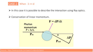 CASE 2 When λ << d
 In this case it is possible to describe the interaction using Ray optics.
 Conservation of linear momentum.
Sources: https://www.youtube.com/watch?v=MxmDzUSpXsY
 