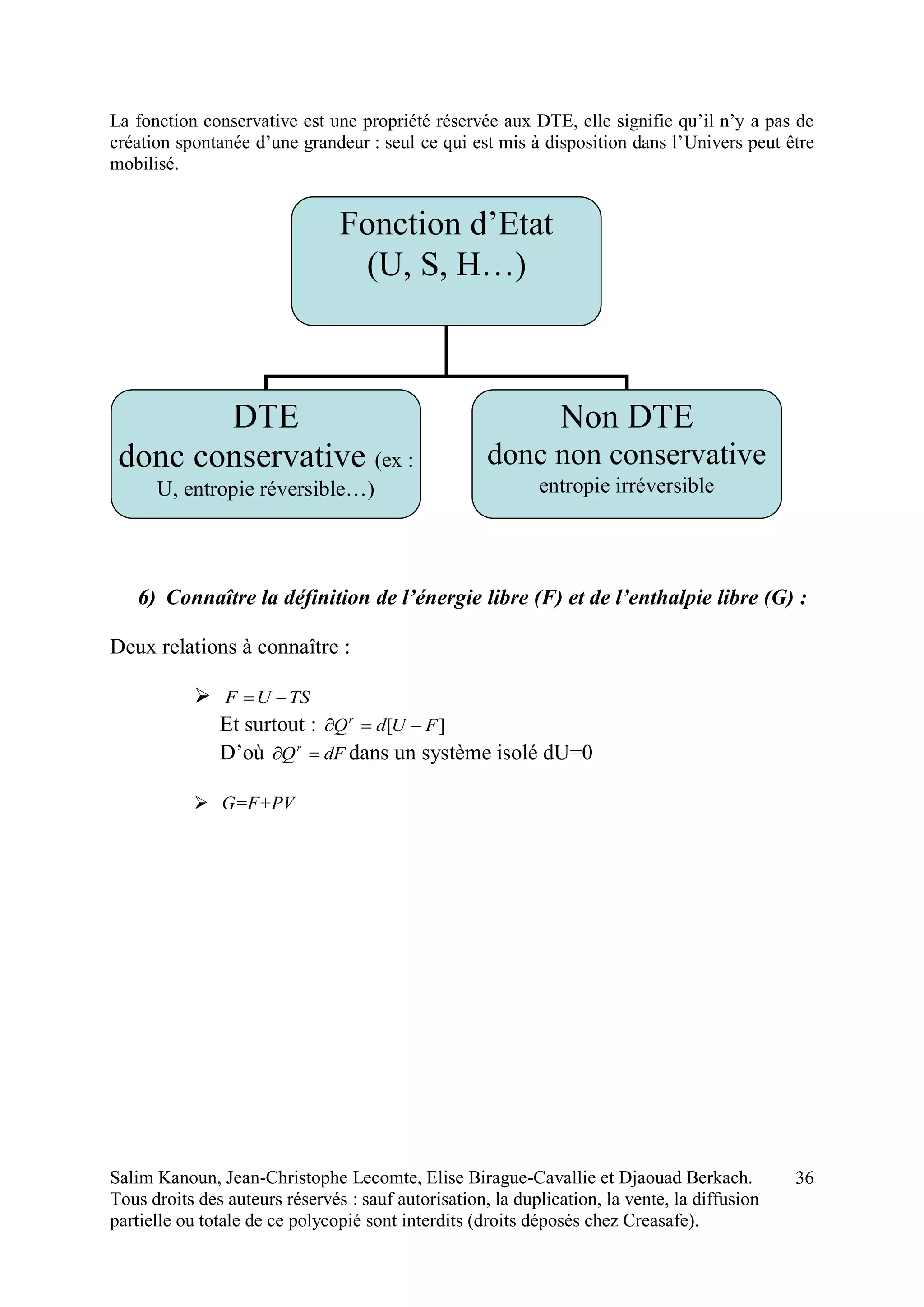 Salim Kanoun, Jean-Christophe Lecomte, Elise Birague-Cavallie et Djaouad Berkach.
Tous droits des auteurs réservés : sauf autorisation, la duplication, la vente, la diffusion
partielle ou totale de ce polycopié sont interdits (droits déposés chez Creasafe).
36
La fonction conservative est une propriété réservée aux DTE, elle signifie qu’il n’y a pas de
création spontanée d’une grandeur : seul ce qui est mis à disposition dans l’Univers peut être
mobilisé.
6) Connaître la définition de l’énergie libre (F) et de l’enthalpie libre (G) :
Deux relations à connaître :
 TSUF 
Et surtout : ][ FUdQr

D’où dFQr
 dans un système isolé dU=0
 G=F+PV
Fonction d’Etat
(U, S, H…)
DTE
donc conservative (ex :
U, entropie réversible…)
Non DTE
donc non conservative
entropie irréversible
 