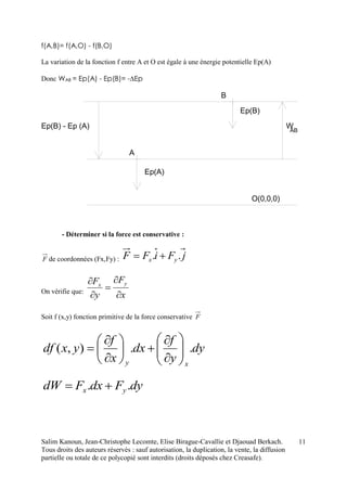 Salim Kanoun, Jean-Christophe Lecomte, Elise Birague-Cavallie et Djaouad Berkach.
Tous droits des auteurs réservés : sauf autorisation, la duplication, la vente, la diffusion
partielle ou totale de ce polycopié sont interdits (droits déposés chez Creasafe).
11
f(A,B)= f(A,O) - f(B,O)
La variation de la fonction f entre A et O est égale à une énergie potentielle Ep(A)
Donc WAB = Ep(A) - Ep(B)= -Ep
B
A
Ep(A)
Ep(B)
Ep(B) - Ep (A) WAB
O(0,0,0)
- Déterminer si la force est conservative :
F de coordonnées (Fx,Fy) : jFiFF yx .. 
On vérifie que:
x
F
y
F yx





Soit f (x,y) fonction primitive de la force conservative F
dy
y
f
dx
x
f
yxdf
xy
..),( 
















dyFdxFdW yx .. 
 