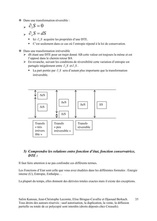 Salim Kanoun, Jean-Christophe Lecomte, Elise Birague-Cavallie et Djaouad Berkach.
Tous droits des auteurs réservés : sauf autorisation, la duplication, la vente, la diffusion
partielle ou totale de ce polycopié sont interdits (droits déposés chez Creasafe).
35
 Dans une transformation réversible :
 0 Si
 dSSe 
 Ici Se acquière les propriétés d’une DTE.
 C’est seulement dans ce cas où l’entropie répond à la loi de conservation.
 Dans une transformation irréversible
 dS étant une DTE pour un trajet donné AB cette valeur est toujours la même et est
l’opposé dans le chemin retour BA
 En revanche, suivant les conditions de réversibilité cette variation d’entropie est
partagée inégalement entre Se et Si .
 La part portée par Si sera d’autant plus importante que la transformation
irréversible.
5) Comprendre les relations entre fonction d’état, fonction conservatrice,
DTE :
Il faut faire attention à ne pas confondre ces différents termes.
Les Fonctions d’Etat sont celle que vous avez étudiées dans les différentes formules : Energie
interne (U), Entropie, Enthalpie…
La plupart du temps, elles donnent des dérivées totales exactes mais il existe des exceptions.
ΔeS
ΔiS
ΔeS
ΔiS
ΔeS ΔS
Transfo
« peu
irréversible »
Transfo
« très
irrévers
ible »
Transfo
réversible
 