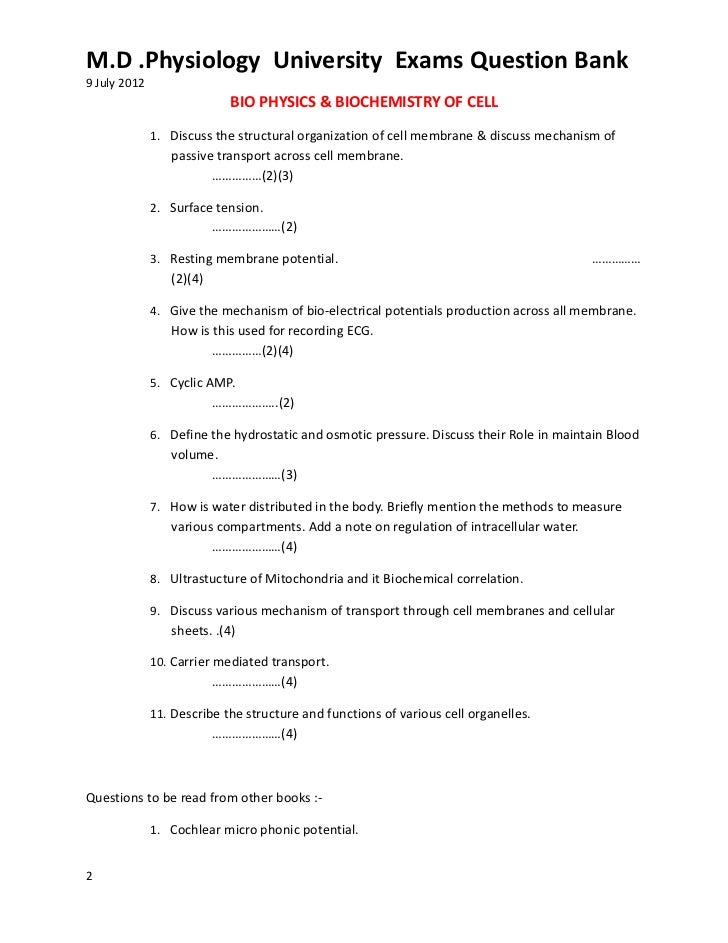 Essay questions on physiology