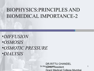 1
BIOPHYSICS:PRINCIPLES AND
BIOMEDICAL IMPORTANCE-2
•DIFFUSION
•OSMOSIS
•OSMOTIC PRESSURE
•DIALYSIS
DR.RITTU CHANDEL
Junior ResidentDr.Rittu Chandel
 