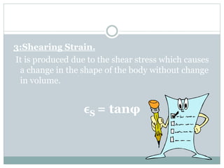 3:Shearing Strain.
It is produced due to the shear stress which causes
a change in the shape of the body without change
in volume.
ϵS = tanφ
 