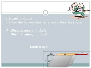 2:Shear modulus
It is the ratio between the shear stress to the shear strain.
G= Shear stress σ s = F/A
Shear strain ϵs tanΦ
tanΦ = x/h
 