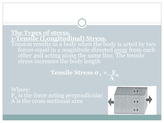 The Types of stress.
1-Tensile (Longitudinal) Stress.
Tension results in a body when the body is acted by two
forces equal in a magnitude directed away from each
other and acting along the same line. The tensile
stress increases the body length
Tensile Stress σ L = Fn
A
Where:
Fn is the force acting perpendicular
A is the cross sectional area
 