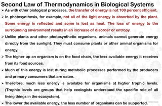  As with other biological processes, the transfer of energy is not 100 percent efficient.
 In photosynthesis, for example, not all of the light energy is absorbed by the plant.
Some energy is reflected and some is lost as heat. The loss of energy to the
surrounding environment results in an increase of disorder or entropy.
 Unlike plants and other photosynthetic organisms, animals cannot generate energy
directly from the sunlight. They must consume plants or other animal organisms for
energy.
 The higher up an organism is on the food chain, the less available energy it receives
from its food sources.
 Much of this energy is lost during metabolic processes performed by the producers
and primary consumers that are eaten.
 Therefore, much less energy is available for organisms at higher trophic levels.
(Trophic levels are groups that help ecologists understand the specific role of all
living things in the ecosystem).
 The lower the available energy, the less number of organisms can be supported.
Second Law of Thermodynamics in Biological Systems
 
