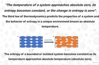 “The temperature of a system approaches absolute zero, its
entropy becomes constant, or the change in entropy is zero”.
The third law of thermodynamics predicts the properties of a system and
the behavior of entropy in a unique environment known as absolute
temperature.
The entropy of a bounded or isolated system becomes constant as its
temperature approaches absolute temperature (absolute zero).
 