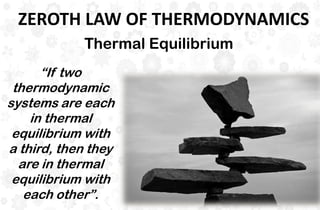 ZEROTH LAW OF THERMODYNAMICS
Thermal Equilibrium
“If two
thermodynamic
systems are each
in thermal
equilibrium with
a third, then they
are in thermal
equilibrium with
each other”.
 