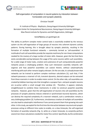 33
BBTS 2016 - BIOPHYSICS BY THE SEA 2016
Fluorescence Spectroscopy, Microscopy and Molecular Cell Mechanics and Theoretical Neurophysics
Self-organization of computation in neural systems by interaction between
homeostatic and synaptic plasticity
Christian Tetzlaff
III. Institute of Physics - Biophysics, Georg-August-University Göttingen
Bernstein Center for Computational Neuroscience, Georg-August-University Göttingen
Max-Planck Institute for Dynamics and Self-Organization, Göttingen
tetzlaff@phys.uni-goettingen.de
The ability to perform complex motor control tasks is essentially enabled by the nervous
system via the self-organization of large groups of neurons into coherent dynamic activity
patterns. During learning, this is brought about by synaptic plasticity, resulting in the
formation of multiple functional networks – commonly termed as ‘cell-assemblies’. A
multitude of such cell assemblies provide the requisite machinery for non-linear computations
needed for the mastery of a large number of motor skills. However, given the fact that there
exists considerable overlap between the usage of the same neurons within such assemblies,
for a wide range of motor tasks, creation and sustenance of such computationally powerful
networks posses a challenging problem. How such interwoven assembly networks self-
organize and how powerful assemblies can coexist therein, without catastrophically
interfering with each other remains largely unknown. On the one side, it is already known that
networks can be trained to perform complex nonlinear calculations [1], such that, if the
network possesses a reservoir of rich, transient dynamics, desired outputs can be extracted
from these reservoirs in order to enable motor control. On the other side, cell assemblies are
created by hebbian learning rules that strengthen a synapse if pre- and post-synaptic neurons
are co-active within a small enough time window [2]. Therefore, it appears relatively
straightforward to combine these mechanisms in order to construct powerful assembly
networks. However, given that the self-organization of neurons into cell assemblies by the
processes of synaptic plasticity induces ordered or synchronized neuronal dynamics, which
can destroy the required complexity of a reservoir network, such a combination remains a
very challenging problem [3]. Furthermore, simultaneous creation of multiple cell assemblies
can also lead to catastrophic interference if one cannot prevent them from growing into each
other. In this study, we exploit for the first time the interaction between neuronal and synaptic
processes acting on different time scales to enable, on a slow timescale, the self-organized
formation of assembly networks (Fig. 1), while on a faster timescale, to conjointly perform
several non-linear calculations needed for motor fine-control. Specifically, by the combination
 