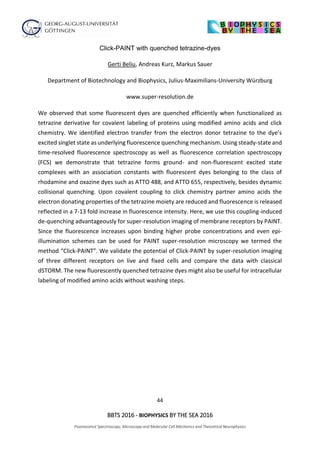 44
BBTS 2016 - BIOPHYSICS BY THE SEA 2016
Fluorescence Spectroscopy, Microscopy and Molecular Cell Mechanics and Theoretical Neurophysics
Click-PAINT with quenched tetrazine-dyes
Gerti Beliu, Andreas Kurz, Markus Sauer
Department of Biotechnology and Biophysics, Julius-Maximilians-University Würzburg
www.super-resolution.de
We observed that some fluorescent dyes are quenched efficiently when functionalized as
tetrazine derivative for covalent labeling of proteins using modified amino acids and click
chemistry. We identified electron transfer from the electron donor tetrazine to the dye’s
excited singlet state as underlying fluorescence quenching mechanism. Using steady-state and
time-resolved fluorescence spectroscopy as well as fluorescence correlation spectroscopy
(FCS) we demonstrate that tetrazine forms ground- and non-fluorescent excited state
complexes with an association constants with fluorescent dyes belonging to the class of
rhodamine and oxazine dyes such as ATTO 488, and ATTO 655, respectively, besides dynamic
collisional quenching. Upon covalent coupling to click chemistry partner amino acids the
electron donating properties of the tetrazine moiety are reduced and fluorescence is released
reflected in a 7-13 fold increase in fluorescence intensity. Here, we use this coupling-induced
de-quenching advantageously for super-resolution imaging of membrane receptors by PAINT.
Since the fluorescence increases upon binding higher probe concentrations and even epi-
illumination schemes can be used for PAINT super-resolution microscopy we termed the
method “Click-PAINT”. We validate the potential of Click-PAINT by super-resolution imaging
of three different receptors on live and fixed cells and compare the data with classical
dSTORM. The new fluorescently quenched tetrazine dyes might also be useful for intracellular
labeling of modified amino acids without washing steps.
 