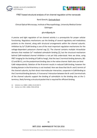 46
BBTS 2016 - BIOPHYSICS BY THE SEA 2016
Fluorescence Spectroscopy, Microscopy and Molecular Cell Mechanics and Theoretical Neurophysics
FRET‐based structural analysis of ion channel regulation at the nanoscale
René Ebrecht, Gertrude Bunt
Clinical Optical Microscopy, Institute of Neuropathology, University Medical Center
Göttingen
gbunt@gwdg.de
A precise and tight regulation of ion channel activity is a prerequisite for proper cellular
functioning. Regulatory mechanisms use the binding of several regulatory and modulatory
proteins to the channel, along with structural arrangements within the channel subunits.
Inhibition by Ca2+/CaM binding is one of the most important regulation mechanisms for the
voltage-dependent potassium channel eag [1]. The channel contains multiple intracellular
domains that mediate Ca2+-mediated calmodulin binding [2], but the structural mechanism
behind CaM-mediated channel inhibition is not yet fully understood. Here we show, using
FRET imaging for the binding of CaM to heag1, that the two C-terminal binding domains, BD-
C2 and BD-C1, are the predominant binding sites in the native channel. Both sites can bind
CaM independently. Deletion of the N-termini results in reduced CaM binding, however the
binding domain in the N-terminus is not involved. Here we show that the N- and C-termini of
the channel subunits, by their direct intermolecular interaction, cooperate in CaM Binding to
the C-terminal binding domains. A 'transverse' Interaction between the N- and C-terminal tails
of the channel subunits support the binding of calmoldulin to the binding sites at the C-
terminus, likely forming a structural pocket that is required for efficient binding.
(1) Schönherr et al. EMBO J. (2000), 19 (13):3263-71
(2) Ziechner et al. FEBS J. (2006), 273(5):1074-86
 