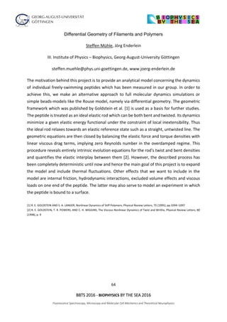 64
BBTS 2016 - BIOPHYSICS BY THE SEA 2016
Fluorescence Spectroscopy, Microscopy and Molecular Cell Mechanics and Theoretical Neurophysics
Differential Geometry of Filaments and Polymers
Steffen Mühle, Jörg Enderlein
III. Institute of Physics – Biophysics, Georg-August-University Göttingen
steffen.muehle@phys.uni-goettingen.de, www.joerg-enderlein.de
The motivation behind this project is to provide an analytical model concerning the dynamics
of individual freely-swimming peptides which has been measured in our group. In order to
achieve this, we make an alternative approach to full molecular dynamics simulations or
simple beads-models like the Rouse model, namely via differential geometry. The geometric
framework which was published by Goldstein et al. [1] is used as a basis for further studies.
The peptide is treated as an ideal elastic rod which can be both bent and twisted. Its dynamics
minimize a given elastic energy functional under the constraint of local inextensibility. Thus
the ideal rod relaxes towards an elastic reference state such as a straight, untwisted line. The
geometric equations are then closed by balancing the elastic force and torque densities with
linear viscous drag terms, implying zero Reynolds number in the overdamped regime. This
procedure reveals entirely intrinsic evolution equations for the rod's twist and bent densities
and quantifies the elastic interplay between them [2]. However, the described process has
been completely deterministic until now and hence the main goal of this project is to expand
the model and include thermal fluctuations. Other effects that we want to include in the
model are internal friction, hydrodynamic interactions, excluded volume effects and viscous
loads on one end of the peptide. The latter may also serve to model an experiment in which
the peptide is bound to a surface.
[1] R. E. GOLDSTEIN AND S. A. LANGER, Nonlinear Dynamics of Stiff Polymers, Physical Review Letters, 75 (1995), pp.1094–1097
[2] R. E. GOLDSTEIN, T. R. POWERS, AND C. H. WIGGINS, The Viscous Nonlinear Dynamics of Twist and Writhe, Physical Review Letters, 80
(1998), p. 9
 