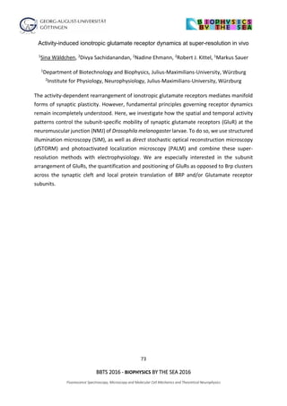 73
BBTS 2016 - BIOPHYSICS BY THE SEA 2016
Fluorescence Spectroscopy, Microscopy and Molecular Cell Mechanics and Theoretical Neurophysics
Activity-induced ionotropic glutamate receptor dynamics at super-resolution in vivo
1Sina Wäldchen, 2Divya Sachidanandan, 2Nadine Ehmann, 2Robert J. Kittel, 1Markus Sauer
1Department of Biotechnology and Biophysics, Julius-Maximilians-University, Würzburg
2Institute for Physiology, Neurophysiology, Julius-Maximilians-University, Würzburg
The activity-dependent rearrangement of ionotropic glutamate receptors mediates manifold
forms of synaptic plasticity. However, fundamental principles governing receptor dynamics
remain incompletely understood. Here, we investigate how the spatial and temporal activity
patterns control the subunit-specific mobility of synaptic glutamate receptors (GluR) at the
neuromuscular junction (NMJ) of Drosophila melanogaster larvae. To do so, we use structured
illumination microscopy (SIM), as well as direct stochastic optical reconstruction microscopy
(dSTORM) and photoactivated localization microscopy (PALM) and combine these super-
resolution methods with electrophysiology. We are especially interested in the subunit
arrangement of GluRs, the quantification and positioning of GluRs as opposed to Brp clusters
across the synaptic cleft and local protein translation of BRP and/or Glutamate receptor
subunits.
 