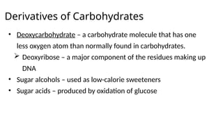 Derivatives of Carbohydrates
• Deoxycarbohydrate – a carbohydrate molecule that has one
less oxygen atom than normally found in carbohydrates.
 Deoxyribose – a major component of the residues making up
DNA
• Sugar alcohols – used as low-calorie sweeteners
• Sugar acids – produced by oxidation of glucose
 