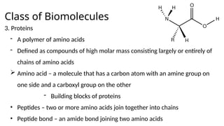 Class of Biomolecules
3. Proteins
- A polymer of amino acids
- Defined as compounds of high molar mass consisting largely or entirely of
chains of amino acids
 Amino acid – a molecule that has a carbon atom with an amine group on
one side and a carboxyl group on the other
- Building blocks of proteins
• Peptides – two or more amino acids join together into chains
• Peptide bond – an amide bond joining two amino acids
 