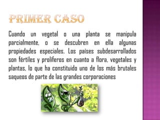 Cuando un vegetal o una planta se manipula
parcialmente, o se descubren en ella algunas
propiedades especiales. Los países subdesarrollados
son fértiles y prolíferos en cuanto a flora, vegetales y
plantas, lo que ha constituido uno de los más brutales
saqueos de parte de las grandes corporaciones
 