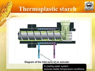 Thermoplastic starch Diagram of the inlet zone of an extruder A cooling water system ensures stable temperature conditions. 