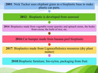 2001: Nick Tucker uses elephant grass as a bioplastic base to make
plastic car parts.
2012: Bioplastic is developed from seaweed
2014: Bioplastics made from vegetable waste (parsley and spinach stems, the husks
from cocoa, the hulls of rice, etc.
2016:Car bumper made from banana peel bioplastic
2017: Bioplastics made from Lignocellulosics resources (dry plant
matter)
2018:Bioplastic furniture, bio-nylon, packaging from fruit
 
