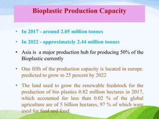 Bioplastic Production Capacity
• In 2017 - around 2.05 million tonnes
• In 2022 - approximately 2.44 million tonnes
• Asia is a major production hub for producing 50% of the
Bioplastic currently
• One fifth of the production capacity is located in europe.
predicted to grow to 25 percent by 2022
• The land used to grow the renewable feedstock for the
production of bio plastics 0.82 million hectares in 2017,
which accounted for less than 0.02 % of the global
agriculture are of 5 billion hectares, 97 % of which were
used for feed and food.
 
