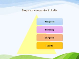 Bioplasticcompaniesin India
Plastobag
Envigreen
Ecolife
 