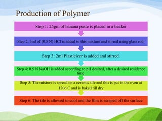 Production of Polymer
Step 6: The tile is allowed to cool and the film is scraped off the surface
Step 5: The mixture is spread on a ceramic tile and this is put in the oven at
120o C and is baked till dry
Step 4: 0.5 N NaOH is added according to pH desired, after a desired residence
time.
Step 3: 2ml Plasticizer is added and stirred.
Step 2: 3ml of (0.5 N) HCl is added to this mixture and stirred using glass rod.
Step 1: 25gm of banana paste is placed in a beaker
 