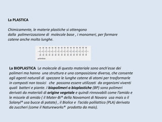 La PLASTICA

Chimicamente, le materie plastiche si ottengono
dalla polimerizzazione di molecole base , i monomeri, per formare
catene anche molto lunghe.




La BIOPLASTICA Le molecole di questo materiale sono anch'esse dei
polimeri ma hanno una struttura e una composizione diversa, che consente
agli agenti naturali di spezzare le lunghe catene di atomi per trasformarle
in composti non tossici che possono essere utilizzati da organismi viventi
quali batteri e piante. I biopolimeri o bioplastiche (BP) sono polimeri
derivati da materiali di origine vegetale e quindi rinnovabili come l’amido e
le miscele di amido ( il Mater-Bi® della Novamont di Novara usa mais o il
Solanyl® usa bucce di patate) , il Biolice e l’acido polilattico (PLA) derivato
da zuccheri (come il Natureworks® prodotto da mais).
 