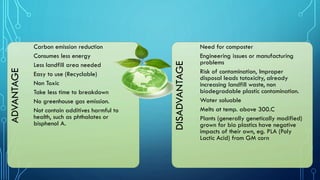 ADVANTAGE
Carbon emission reduction
Consumes less energy
Less landfill area needed
Easy to use (Recyclable)
Non Toxic
Take less time to breakdown
No greenhouse gas emission.
Not contain additives harmful to
health, such as phthalates or
bisphenol A.
DISADVANTAGE
Need for composter
Engineering issues or manufacturing
problems
Risk of contamination, Improper
disposal leads totoxicity, already
increasing landfill waste, non
biodegradable plastic contamination.
Water soluable
Melts at temp. above 300.C
Plants (generally genetically modified)
grown for bio plastics have negative
impacts of their own, eg. PLA (Poly
Lactic Acid) from GM corn
 