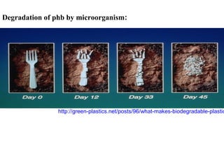 http://green-plastics.net/posts/96/what-makes-biodegradable-plastic
Degradation of phb by microorganism:
 