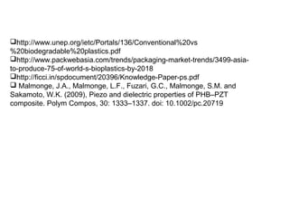 http://www.unep.org/ietc/Portals/136/Conventional%20vs
%20biodegradable%20plastics.pdf
http://www.packwebasia.com/trends/packaging-market-trends/3499-asia-
to-produce-75-of-world-s-bioplastics-by-2018
http://ficci.in/spdocument/20396/Knowledge-Paper-ps.pdf
 Malmonge, J.A., Malmonge, L.F., Fuzari, G.C., Malmonge, S.M. and
Sakamoto, W.K. (2009), Piezo and dielectric properties of PHB–PZT
composite. Polym Compos, 30: 1333–1337. doi: 10.1002/pc.20719
 