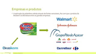 Empresas e produtos 
• A aplicação do polietileno obtido através de fontes renováveis, fez com que o produto da 
Braskem se difundisse entre as grandes empresas. 
16 de Outubro de 
Bioplásticos 14 e Biopolímeros 
2014 
 