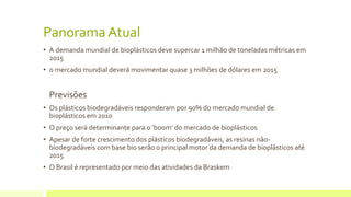 Panorama Atual 
• A demanda mundial de bioplásticos deve supercar 1 milhão de toneladas métricas em 
2015 
• o mercado mundial deverá movimentar quase 3 milhões de dólares em 2015 
Previsões 
• Os plásticos biodegradáveis responderam por 90% do mercado mundial de 
bioplásticos em 2010 
• O preço será determinante para o ‘boom’ do mercado de bioplásticos 
• Apesar de forte crescimento dos plásticos biodegradáveis, as resinas não-biodegradáveis 
com base bio serão o principal motor da demanda de bioplásticos até 
2015 
• O Brasil é representado por meio das atividades da Braskem 
 