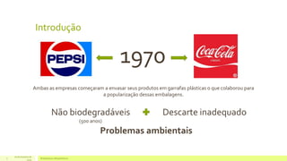 16 de Outubro de 
Bioplásticos 3 e Biopolímeros 
2014 
1970 
Introdução 
Ambas as empresas começaram a envasar seus produtos em garrafas plásticas o que colaborou para 
a popularização dessas embalagens. 
Não biodegradáveis Descarte inadequado 
(500 anos) 
Problemas ambientais 
 