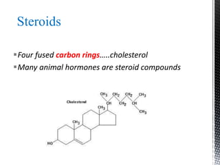 Steroids
Four fused carbon rings…..cholesterol
Many animal hormones are steroid compounds
 