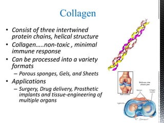 Collagen
• Consist of three intertwined
protein chains, helical structure
• Collagen…..non-toxic , minimal
immune response
• Can be processed into a variety
formats
– Porous sponges, Gels, and Sheets
• Applications
– Surgery, Drug delivery, Prosthetic
implants and tissue-engineering of
multiple organs
 