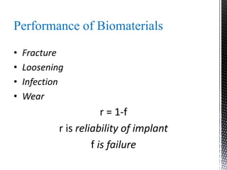 Performance of Biomaterials
• Fracture
• Loosening
• Infection
• Wear
r = 1-f
r is reliability of implant
f is failure
 