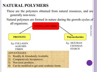 NATURAL POLYMERS
These are the polymers obtained from natural resources, and are
generally non-toxic.
Natural polymers are formed in nature during the growth cycles of
all organisms.
NATURAL POLYMERS
PROTEINS Polysaccharides
Eg: COLLAGEN
ALBUMIN
FIBRIN
Eg : DEXTRAN
CHITOSAN
STARCH
ADVANTAGES :
1) Readily & Abundantly Available.
2) Comparatively Inexpensive.
3) Non toxic products.
4) Can be modified to get semi synthetic forms.
NeethuAsokan
 