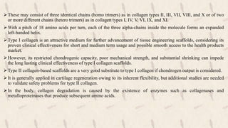 These may consist of three identical chains (homo trimers) as in collagen types II, III, VII, VIII, and X or of two
or more different chains (hetero trimers) as in collagen types I, IV, V, VI, IX, and XI.
With a pitch of 18 amino acids per turn, each of the three alpha-chains inside the molecule forms an expanded
left-handed helix.
Type I collagen is an attractive medium for further advancement of tissue engineering scaffolds, considering its
proven clinical effectiveness for short and medium term usage and possible smooth access to the health products
market.
However, its restricted chondrogenic capacity, poor mechanical strength, and substantial shrinking can impede
the long lasting clinical effectiveness of type I collagen scaffolds.
Type II collagen-based scaffolds are a very good substitute to type I collagen if chondrogen output is considered.
It is generally applied in cartilage regeneration owing to its inherent flexibility, but additional studies are needed
to validate safety problems for type II collagen.
In the body, collagen degradation is caused by the existence of enzymes such as collagenases and
metalloproteinases that produce subsequent amino acids.
 