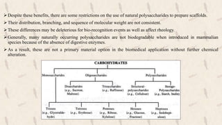 Despite these benefits, there are some restrictions on the use of natural polysaccharides to prepare scaffolds.
Their distribution, branching, and sequence of molecular weight are not consistent.
These differences may be deleterious for bio-recognition events as well as affect rheology.
Generally, many naturally occurring polysaccharides are not biodegradable when introduced in mammalian
species because of the absence of digestive enzymes.
As a result, these are not a primary material option in the biomedical application without further chemical
alteration.
 