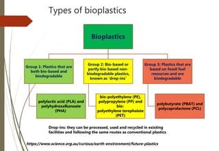Types of bioplastics
Bioplastics
Group 1: Plastics that are
both bio-based and
biodegradable
polylactic acid (PLA) and
polyhydroxalkanoate
(PHA)
Group 2: Bio-based or
partly bio-based non-
biodegradable plastics,
known as ‘drop-ins’
bio-polyethylene (PE),
polypropylene (PP) and
bio-
polyethylene terephalate
(PET)
Group 3: Plastics that are
based on fossil fuel
resources and are
biodegradable
polybutyrate (PBAT) and
polycaprolactone (PCL)
https://www.science.org.au/curious/earth-environment/future-plastics
Drop-ins: they can be processed, used and recycled in existing
facilities and following the same routes as conventional plastics
 