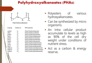 Polyhydroxyalkanoates (PHAs)
 Polyesters of various
hydroxyalkanoates.
 Can be synthesized by micro
organisms.
 An intra cellular product
accumulate to levels as high
as 90% of the cell dry
weight under conditions of
nutrient stress.
 Act as a carbon & energy
reserve.
 