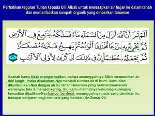 Perhatikan teguran Tuhan kepada Ulil Albab untuk meresapkan air hujan ke dalam tanah
             dan memanfaatkan sampah organik yang dihasilkan tanaman




  Apakah kamu tidak memperhatikan, bahwa sesungguhnya Allah menurunkan air
  dari langit; maka disalurkan-Nya menjadi sumber air di bumi; kemudian
  ditumbuhkan-Nya dengan air itu tanam-tanaman yang bermacam-macam
  warnanya; lalu ia menjadi kering, lalu kamu melihatnya kekuning-kuningan;
  kemudian dijadikan-Nya hancur berderai; sesungguhnya pada yang demikian itu
  terdapat pelajaran bagi manusia yang berakal (Az-Zumar:21)
 