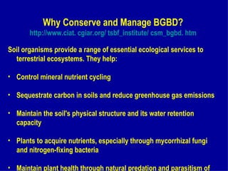 Why Conserve and Manage BGBD?
       http://www.ciat. cgiar.org/ tsbf_institute/ csm_bgbd. htm

Soil organisms provide a range of essential ecological services to
  terrestrial ecosystems. They help:

• Control mineral nutrient cycling

• Sequestrate carbon in soils and reduce greenhouse gas emissions

• Maintain the soil's physical structure and its water retention
  capacity

• Plants to acquire nutrients, especially through mycorrhizal fungi
  and nitrogen-fixing bacteria

• Maintain plant health through natural predation and parasitism of
 