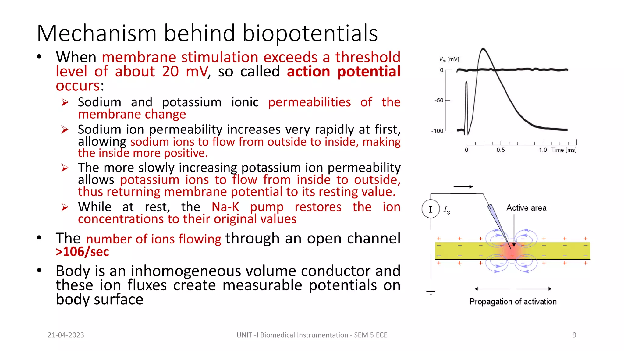 Mechanism behind biopotentials
• When membrane stimulation exceeds a threshold
level of about 20 mV, so called action potential
occurs:
 Sodium and potassium ionic permeabilities of the
membrane change
 Sodium ion permeability increases very rapidly at first,
allowing sodium ions to flow from outside to inside, making
the inside more positive.
 The more slowly increasing potassium ion permeability
allows potassium ions to flow from inside to outside,
thus returning membrane potential to its resting value.
 While at rest, the Na-K pump restores the ion
concentrations to their original values
• The number of ions flowing through an open channel
>106/sec
• Body is an inhomogeneous volume conductor and
these ion fluxes create measurable potentials on
body surface
21-04-2023 UNIT -I Biomedical Instrumentation - SEM 5 ECE 9
 